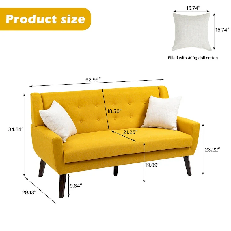 Modern Curved 63 Button Tufted Upholstered Loveseat with 2 Pillows