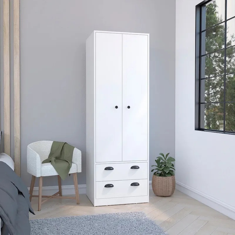 White / Black Manufactured Wood French Door Armoire with Hanging Rod and 2 Drawers – 23.3 in