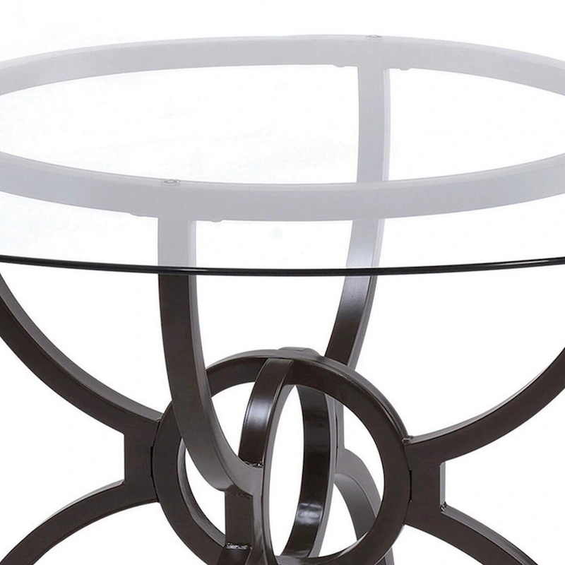 48 Inch Round Dining Table, Clear Glass Top, Interlocked Ring Motif Legs