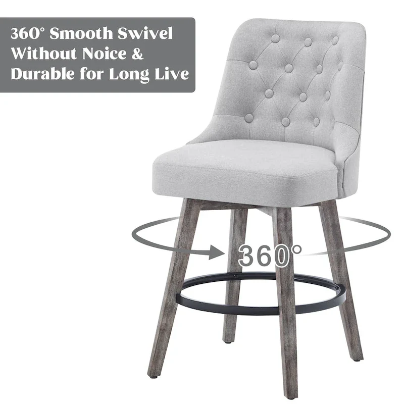 HOMYKA Tufted Swivel Bar Stool with Wood Grain Chair Legs Set of 2