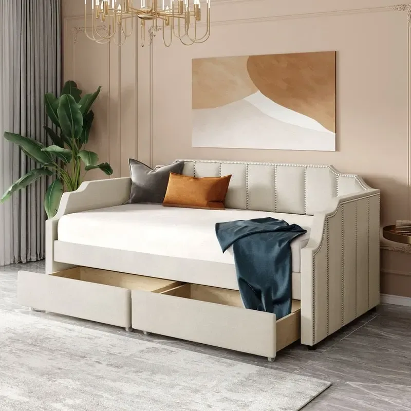 Beige / Grey Upholstered Twin Daybed with Storage Drawers, Sleeps 1