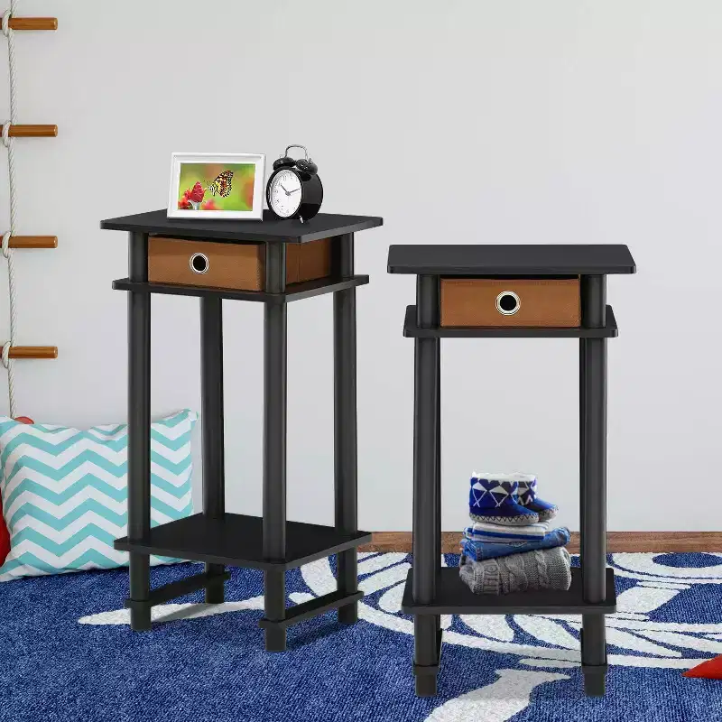 Furinno 2PCS 3-Tier Industrial Tall Nightstand End Table Sofa Side Telephone Table w/removable drawer&Open Storage Shelf,Espresso/Brown