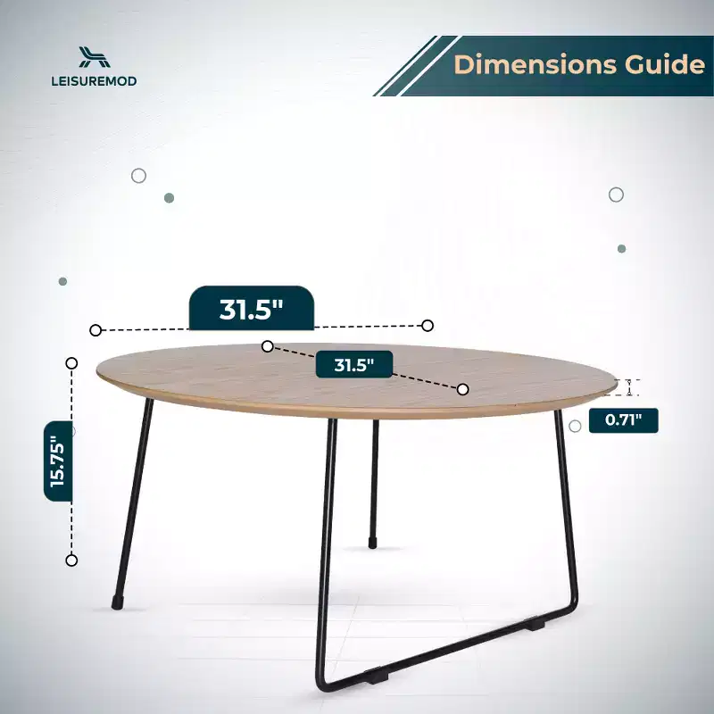 LeisureMod Pembroke Mid-Century Modern Round Coffee Table with Powder-Coated Iron Frame, Natural Wood Top