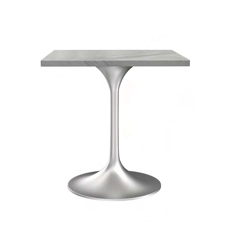 Square Dining Table with White Marbleized Resin Top and Modern Brushed Steel Base for Kitchen