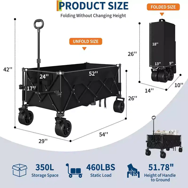 COZONY 52 Foldable Beach Wagon, 460 LBS Capacity, Terrain Collapsible Cart With Cup Holders