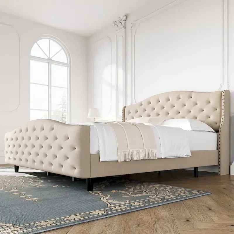 Bed Frame With Velvet Upholstered Headboard And Footboard