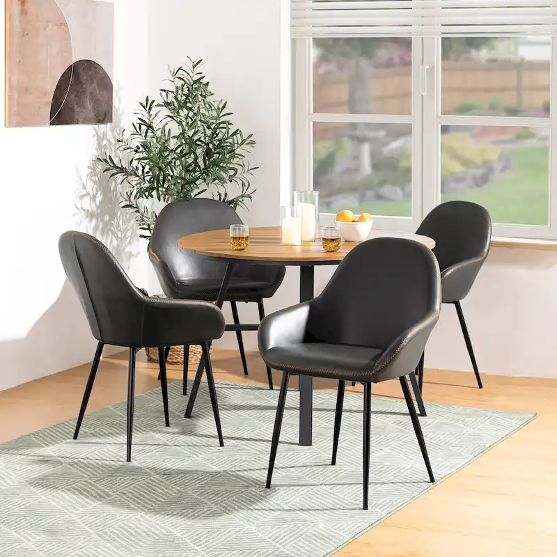 Glitzhome Set of 4 Mid-Century Leatherette Stitched Dining Accent Armchairs
