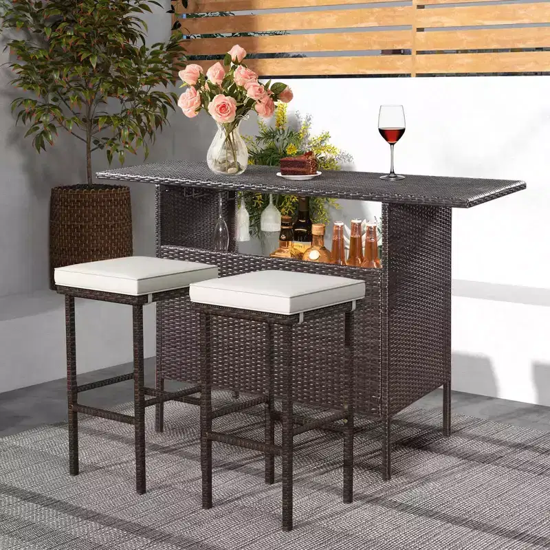 Costway Wicker Bar Stools Set of 2 with Removable Seat Cushions Footrest Support 400 LBS