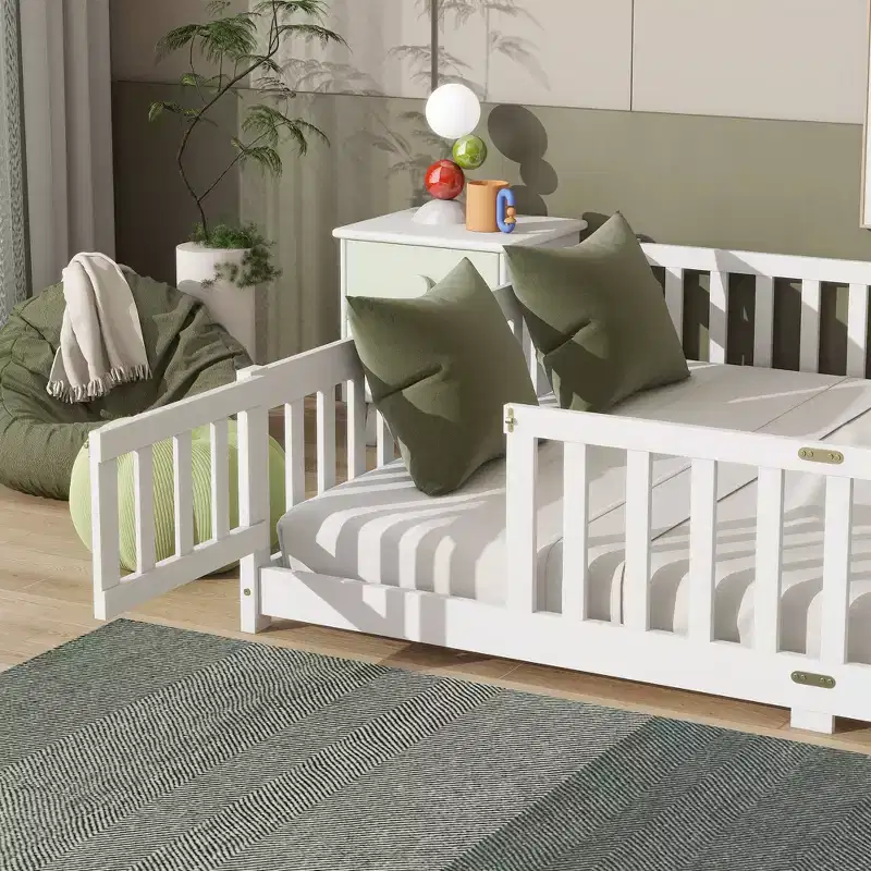 MAYEERTY Queen Floor Bed with Fence,Door, Rubber Wood Floor Bed Guardrails White