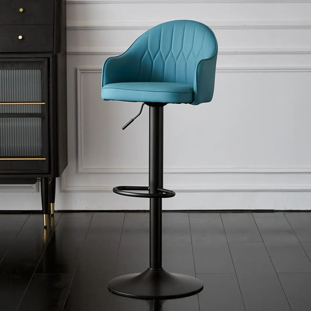 Swivel Upholstered Adjustable Height Home Armed Barstool with Metal Base