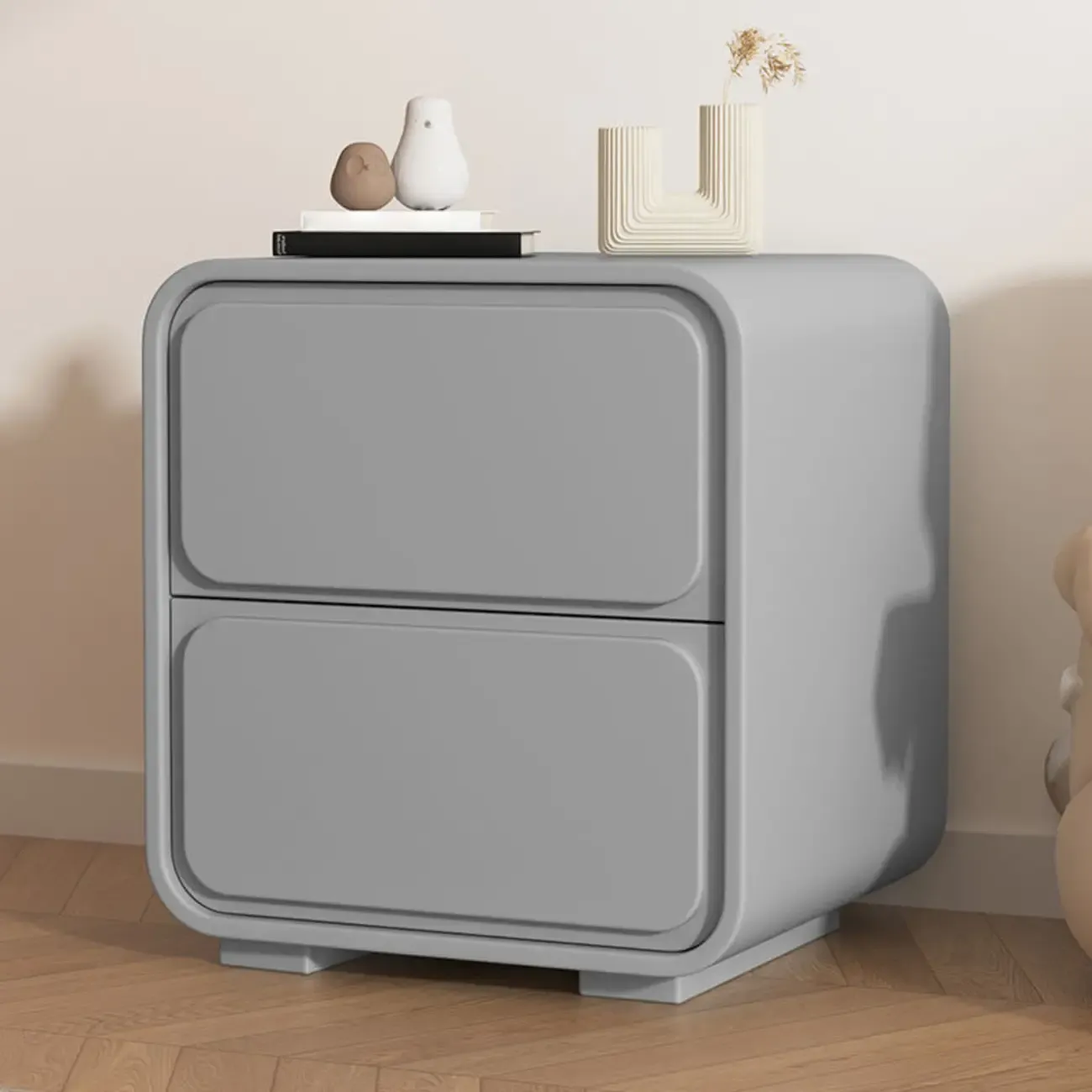 Modern Bedside Table with 2 Drawers - Beige Nightstand
