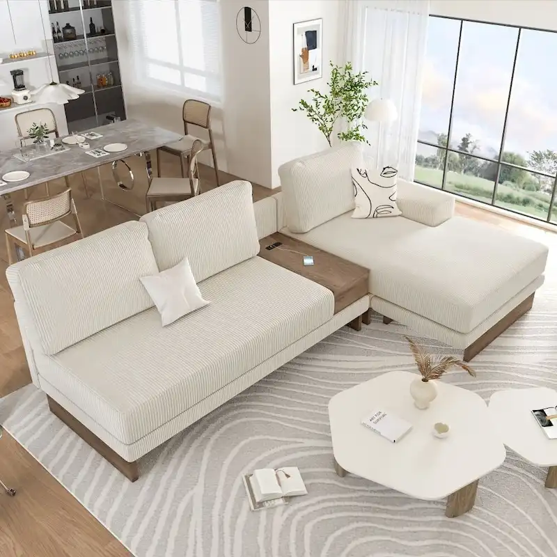 L-shaped Sofa Sectional Sofa with Two USB Ports and Two Power Sockets, a Storage Drawer and a Reversible Chaise Lounge