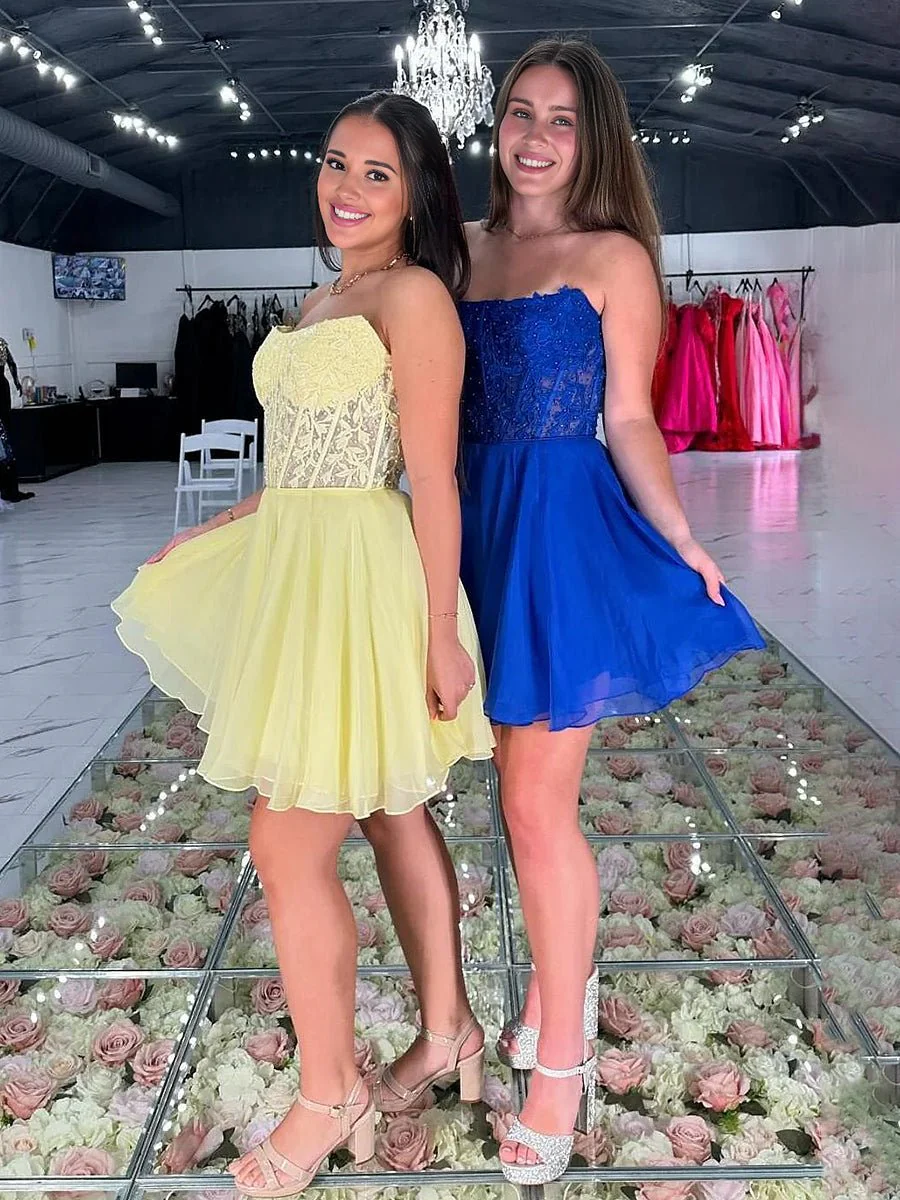 Yellow - Strapless Chiffon A Line Short Homecoming Dresses With Appliques