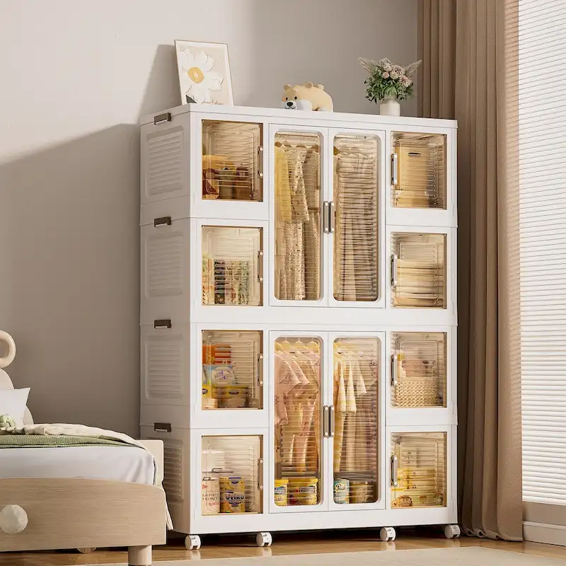 Portable Wardrobe Closet Storage Organizer for Clothes,Clothes Dresser,12 Magnetic Doors-12 Cubes & 2 Hanging Rod