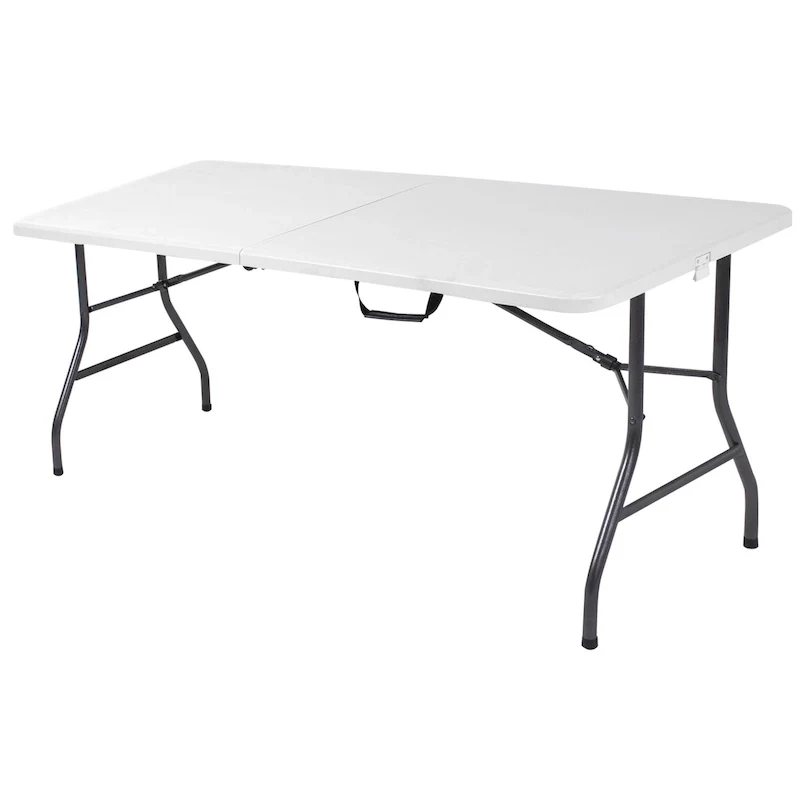 6 ft Fold-in-Half Folding Table, White/Black, Seats 6