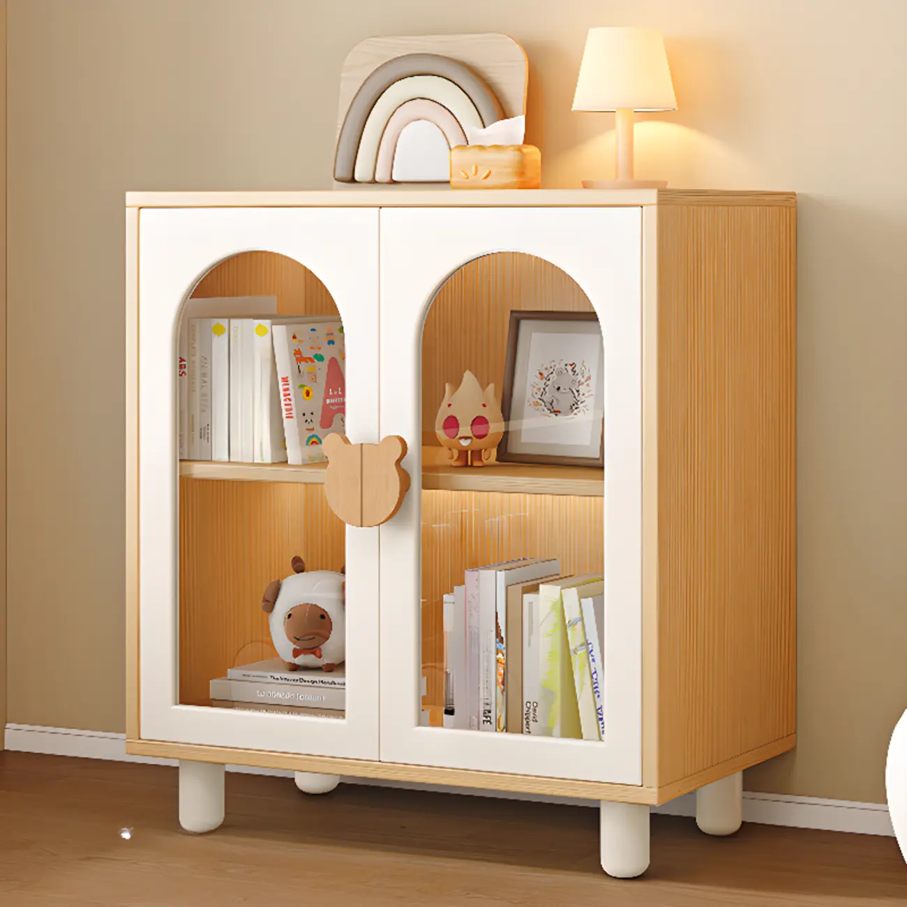 Modern White Short Wood Bookcase with Glass Doors