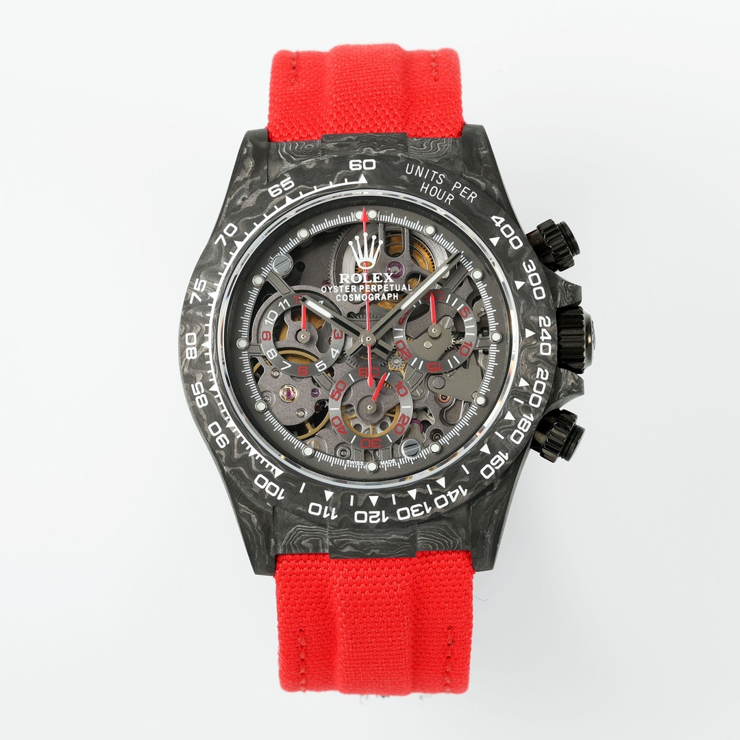 Full front view of the luxury Rolex Daytona replica featuring skeleton dial, carbon case, tachymeter bezel and vibrant red fabric strap