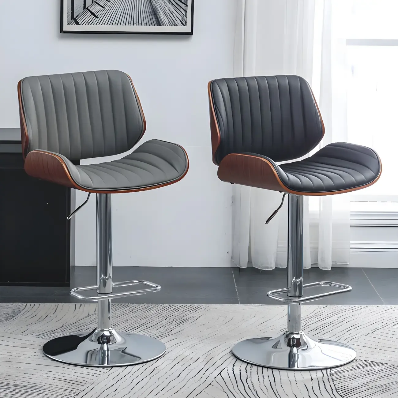 Elegant Wood Leather Red Swivel Adjustable Bar Stool