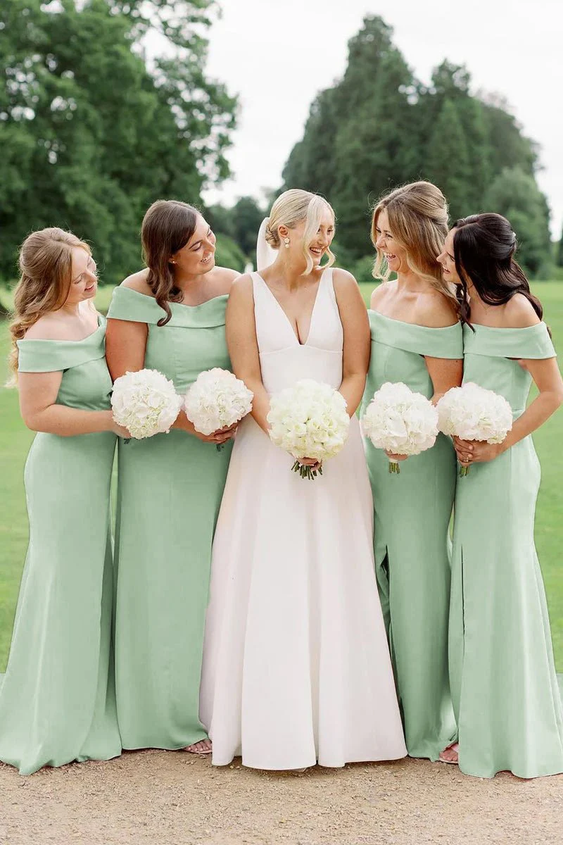 Simple Mermaid Off the Shoulder Light Pink Long Bridesmaid Dresses
