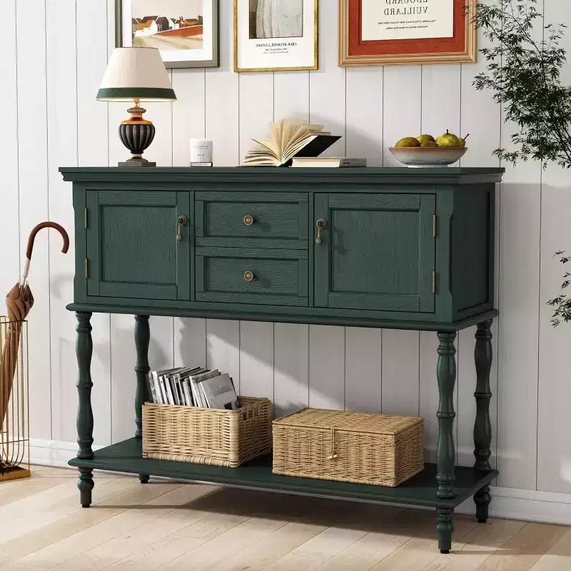 Narrow Long Retro Console Table with 2 Drawers, Cabinets & Open Storage Shelf, Sofa Table for Entryway & Living Room