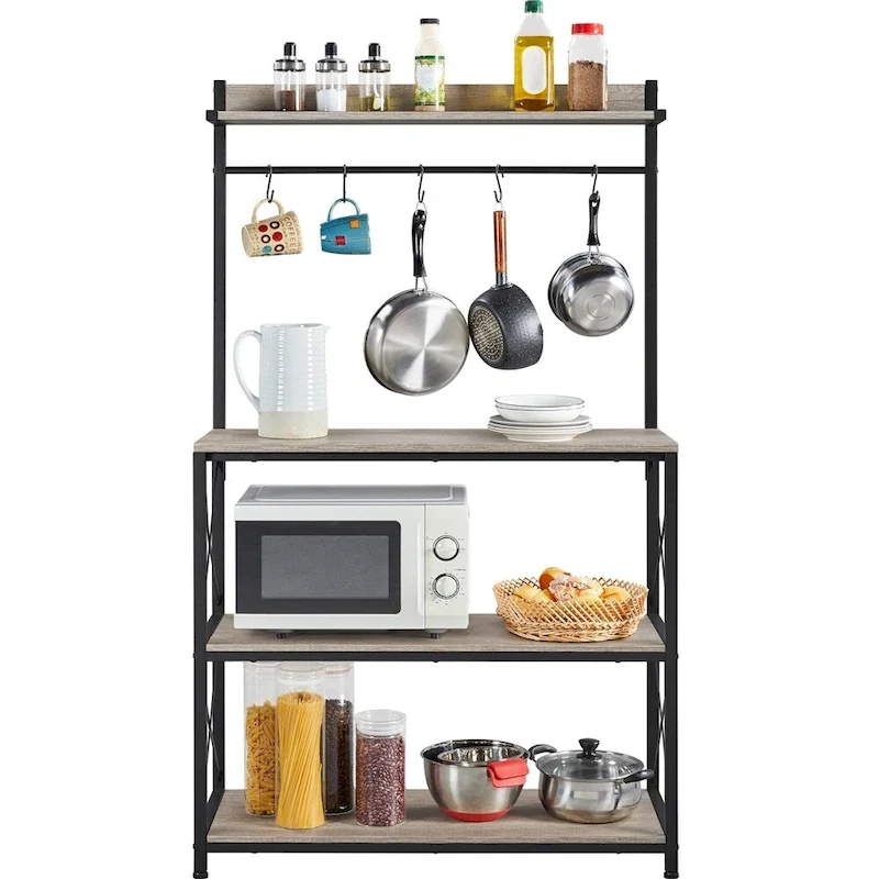 Rustic Brown / Grey Industrial 4-Tier Kitchen Baker's Rack with Hooks