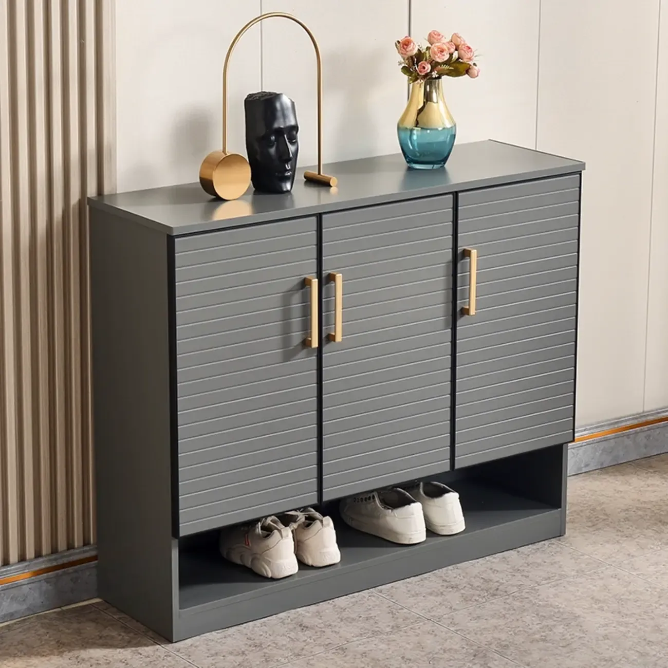 Metal Grey Shoe Cabinet with Open Bottom Shelf