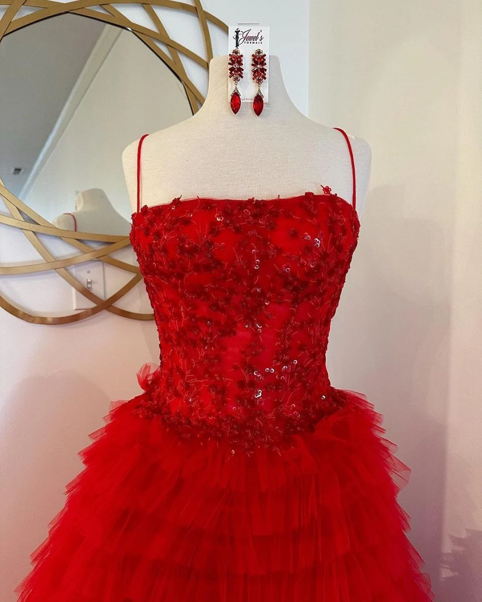 A-Line Tiered Sequins Tulle Long Prom Dress