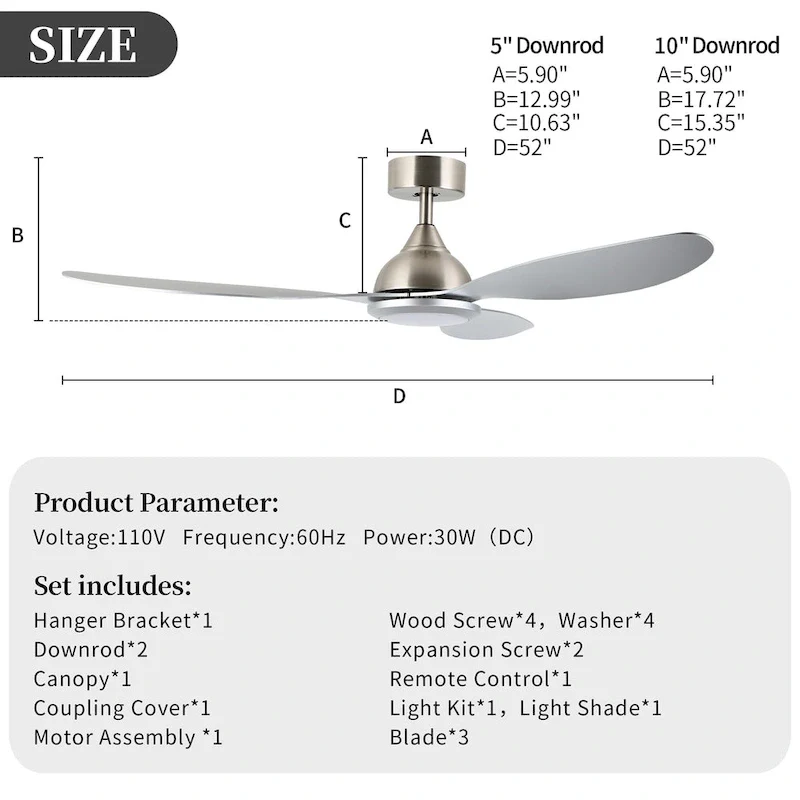 OVIOS Elegant 52-inch 2-in-1 Ceiling Fan Light with Remote Control