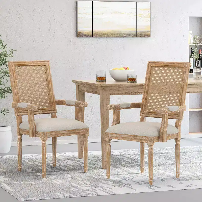 GDFStudio Zentner French Country Wood and Cane Upholstered Dining Chairs (Set of 2)
