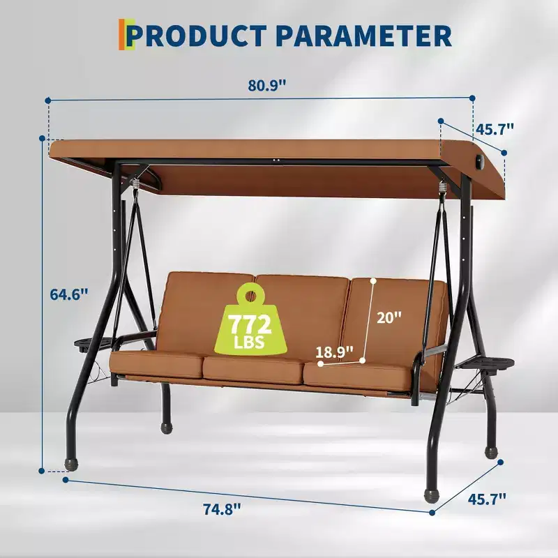 3 Seat Outdoor Porch Swing with Stand, Patio Swing with Adjustable Canopy, Thickened Removable Cushions  Cup Holders for Backyard, Garden