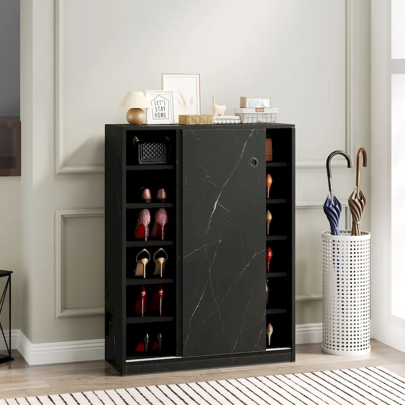 Marble black shoe cabient with sliding door have 6 layers can storage at least30 pairs shoes