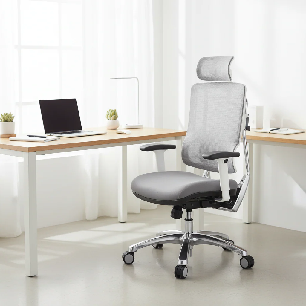 Grey Breathable Mesh Office Chair with Adjustable Lumbar Support & Headrest – 1-Person
