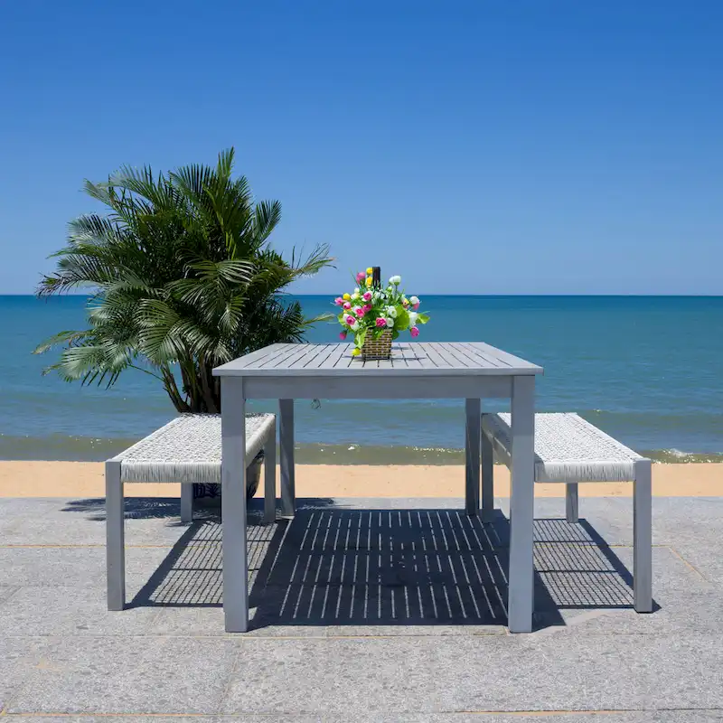 SAFAVIEH Outdoor Living Aquina Table and 2-Bench Dining Set - 35