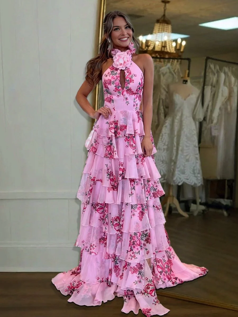 Pink A Line Hatler Floral Chiffon Tiered Long Prom Dress