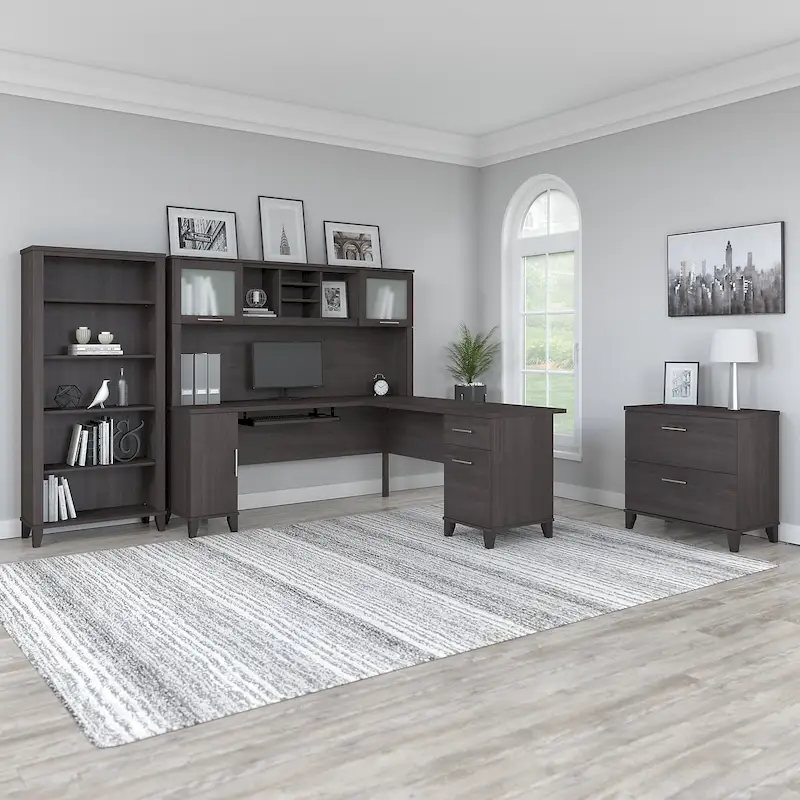 Somerset 72W L Shaped Desk with Hutch, Cabinet and Bookcase in Gray