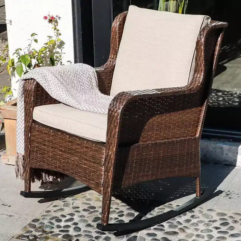 Sunsitt Resin Wicker Outdoor Patio, Rocking Chair with Olefin Cushions Beige