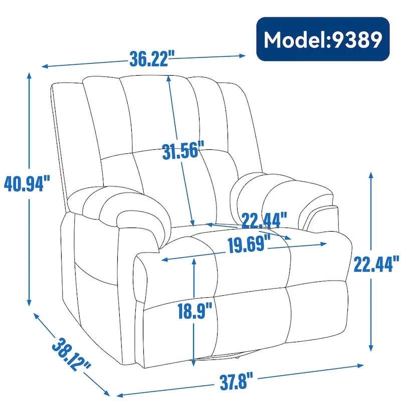 Swivel Rocker Fabric Recliner Chair, Overstuffed Large Manual Recliner Glider with Pillow Top Arms and Cushion Back