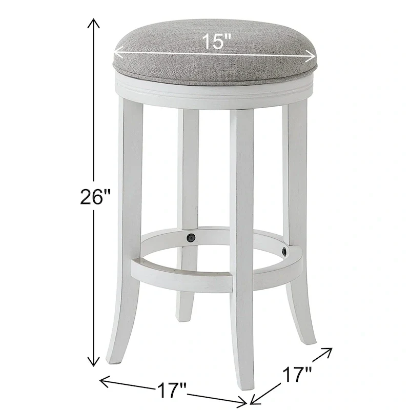 New Ridge Home Goods Avery White Wood Backless Swivel Bar Stool, Gray Fabric Seat