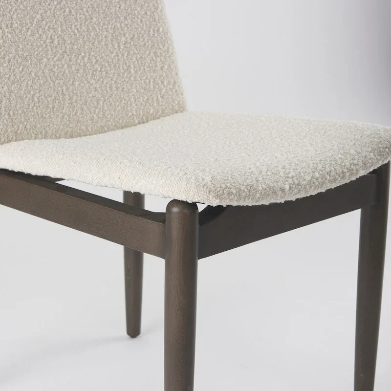 Cream Boucle Upholstered Dining Chair with Dark Brown Wood Frame
