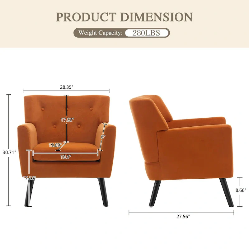 Velvet Upholstered Armchair Tufted Accent Chair, Set of 2 - 30.71H x 28.35 W x 27.56D