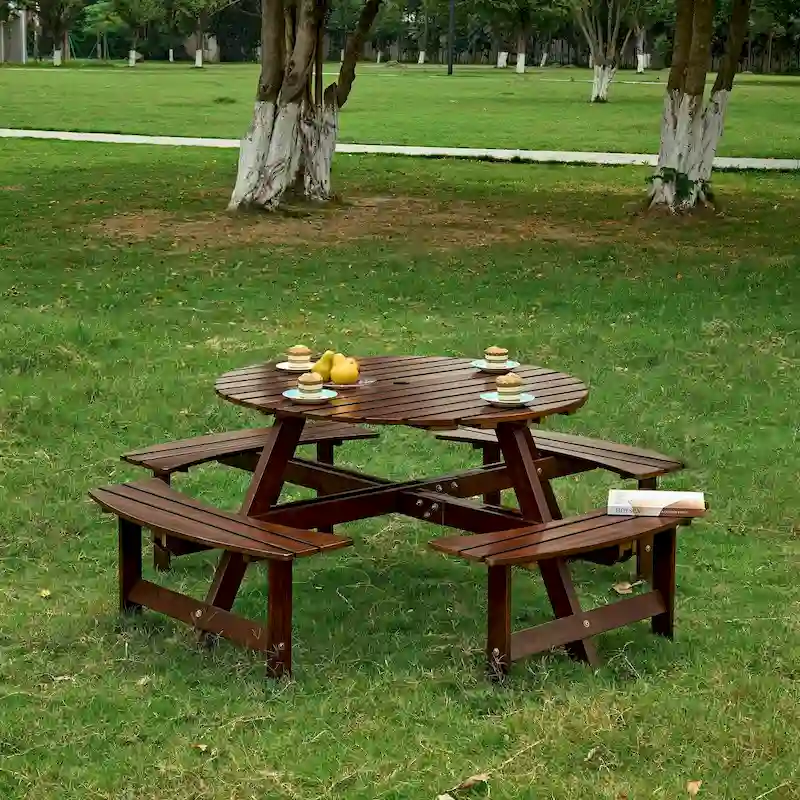 Outdoor Round Picnic Table Set with Built-in Benches & Umbrella Hole