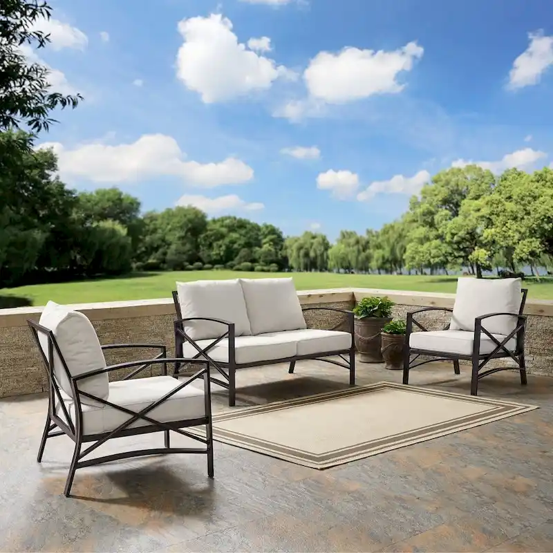Crosley kaplan 3 pc outdoor seating set with oatmeal cushion - loveseat, two outdoor chairs - 137