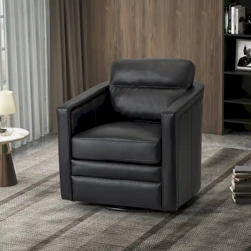 Camel / Navy / Chocolate / Turquoise / Brown / Black / Grey / Sage / Burgundy / Beige Genuine Leather Retro Swivel Chair with Arms - Single Use