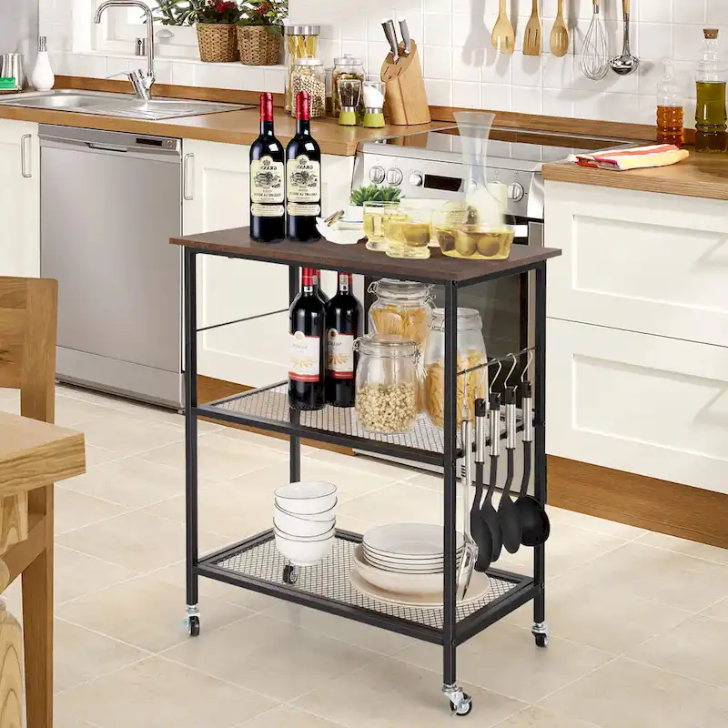 3-Tier Rolling Kitchen Cart, Coffee, Open Shelf, 1-Person Use