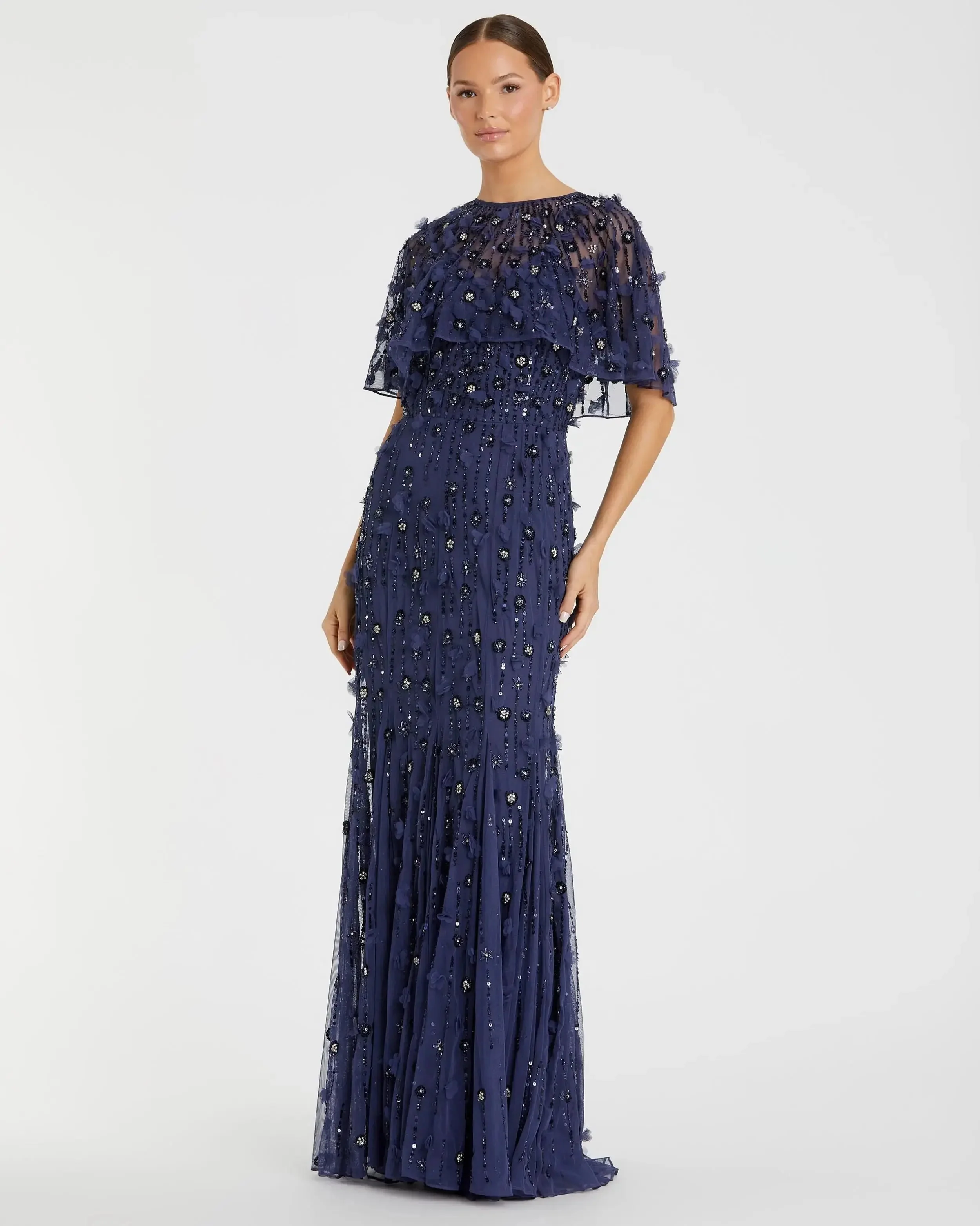 Navy Embellished Illusion Cape Sleeve Trumpet Gown