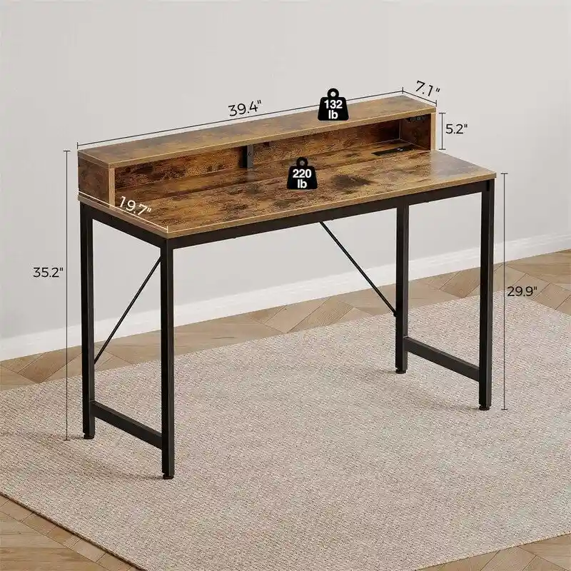 39-Inch Computer Desk with LED Lights and Built-In Power Strip