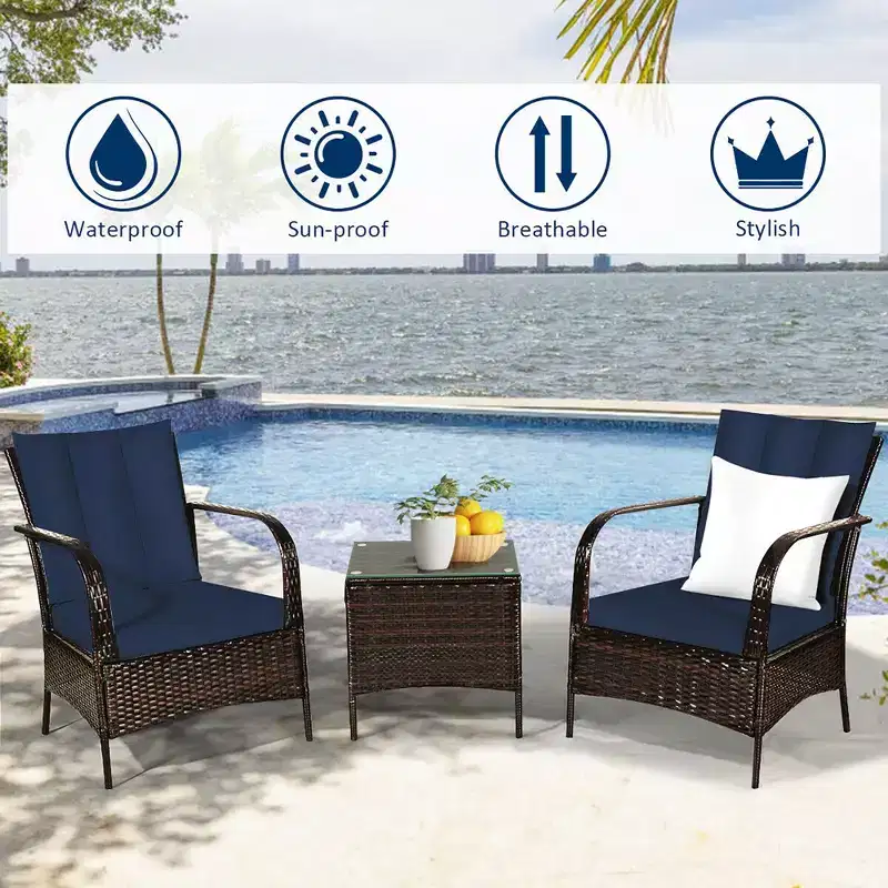 Costway 3 PCS Patio Rattan Furniture Set Coffee Table & 2 Rattan Chair W/Navy Cushions