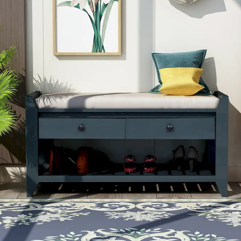 Modern Multipurpose Entryway Storage Bench With Upholstered Seat and Drawers