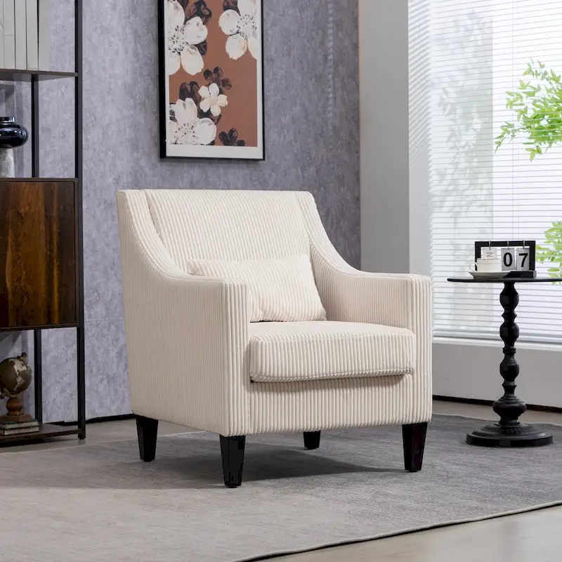 Beige Upholstered Accent Arm Chair with Scooped Arms and Rubber Wood Legs