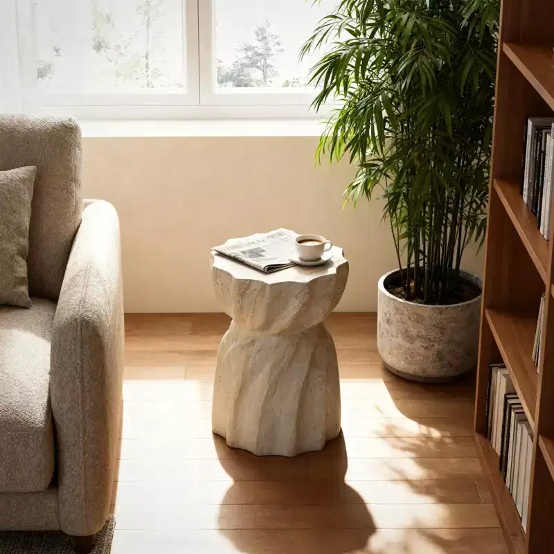 NAYSAYE Cement Patio End Table Faux Terrazzo Modern Round Garden Stool Drum Table for Indoor and Outdoor Use, White, 13.78*13.78*18.9